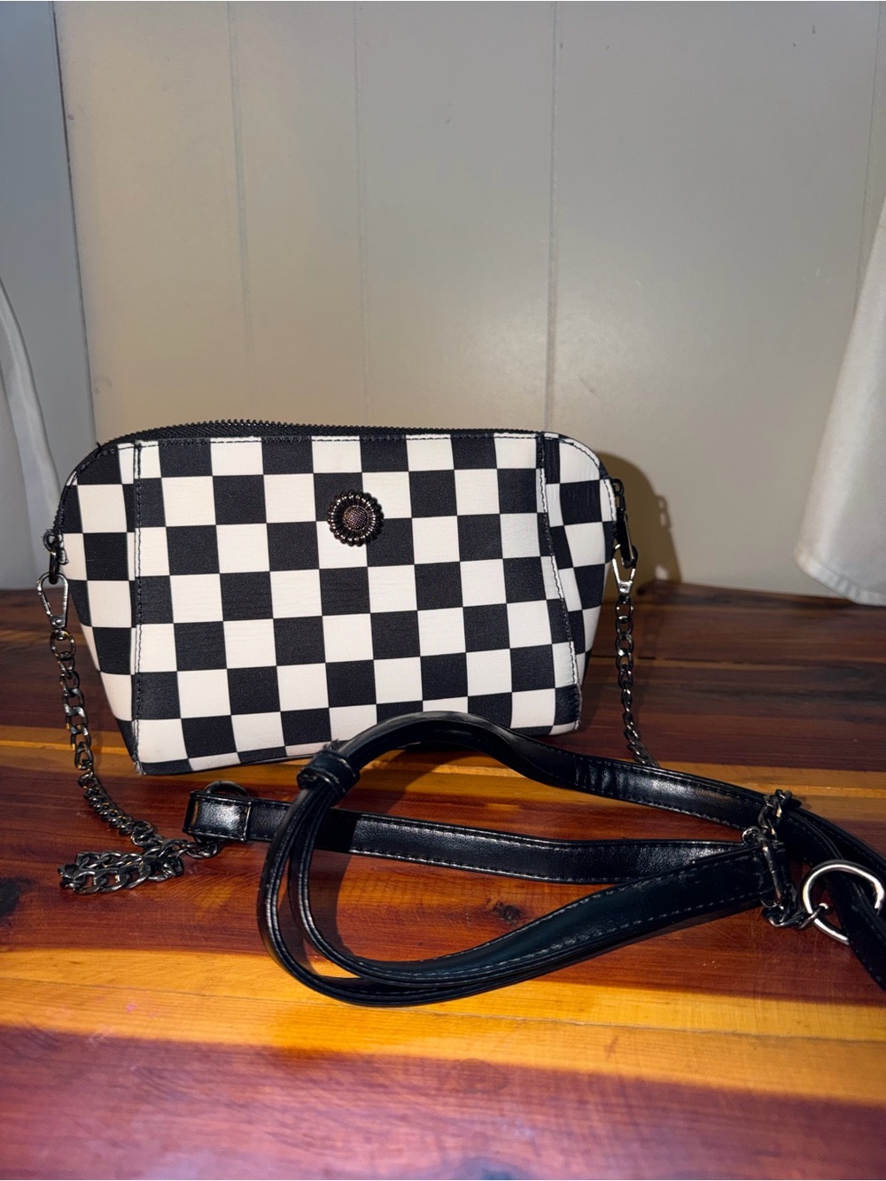 Checkerboard Crossbody Bag with Chain Strap - Black & White
